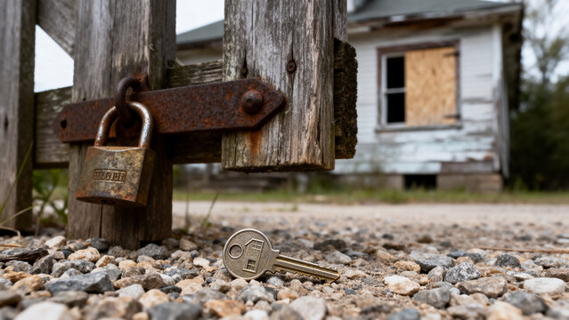 Tarnished house key in gravel, rusted padlock and boarded window, dispossession and foreclosure concept