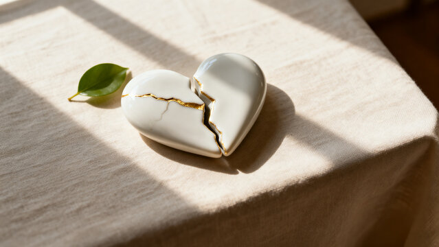 White ceramic heart broken and mended with gold kintsugi seam on linen cloth, forgiveness and healing concept