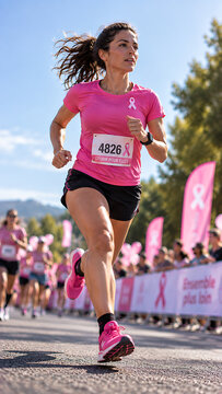 Coureuse en maillot rose passant devant des fanions de sensibilisation lors d'une course Octobre Rose en montagne
