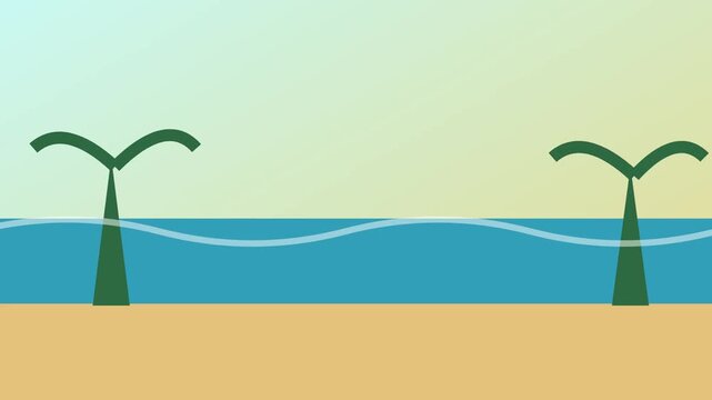 Two green palm trees standing in shallow sea water beside a sandy beach under a pastel sky, flat tropical animation