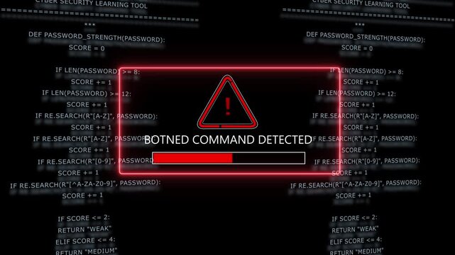 Cyber security alert warning featuring botnet command detected notification with red flashing warning triangle and scrolling programming code background, for network defense, and digital threat