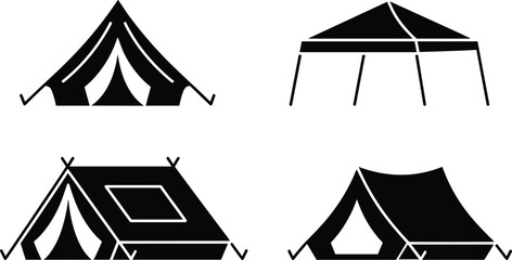 Four black tent silhouettes during daylight on a white background for outdoor recreation themes © Ismail
