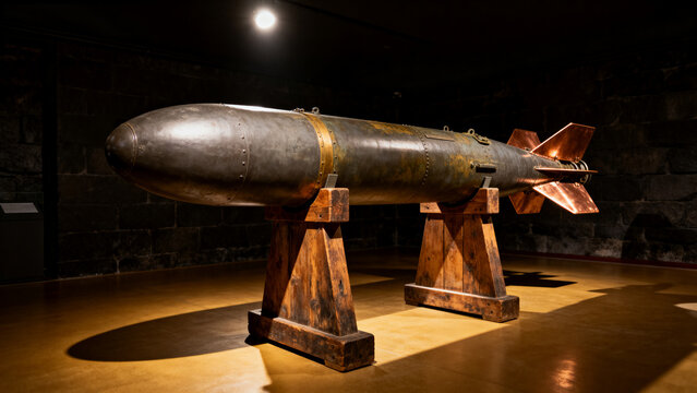 Decommissioned naval torpedo on wooden display cradles in museum, naval history concept