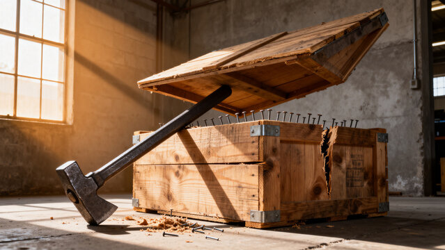 Steel pry bar opening wooden shipping crate lid, tools and construction concept