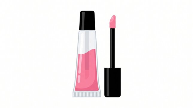 Pink lip gloss tube with applicator brush in flat vector illustration design lip makeup lip shine