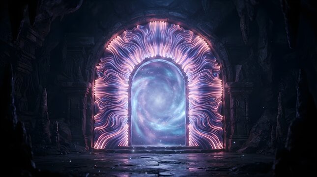 Intricate glowing portal frame with digital energy patterns in a dark cave
