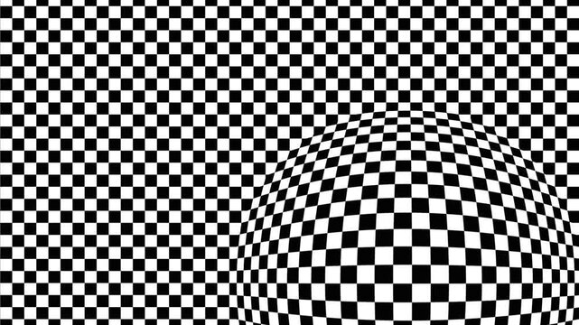 Abstract checkerboard pattern with moving distorted sphere background creating optical illusions.