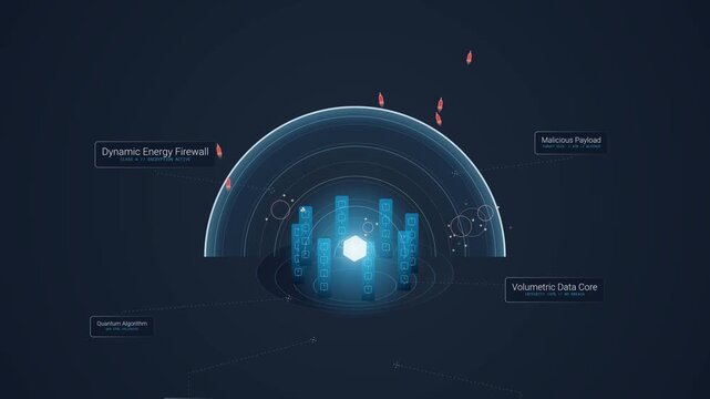 Animation of a dynamic energy firewall shield protecting a volumetric data core from malicious payloads using quantum algorithms, showcasing network cybersecurity and data breach prevention