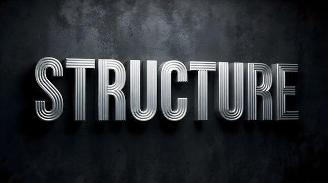 Large metallic structure text on dark concrete background with metallic lette