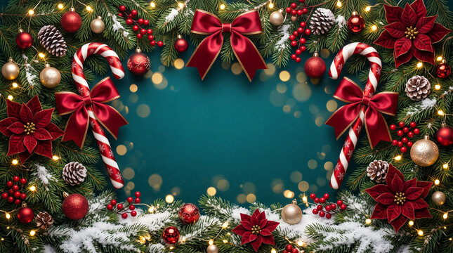 Elegant Christmas frame with pine branches, candy canes, red bows, poinsettias, berries, ornaments, snow, warm lights, teal bokeh, plus ad copy space.