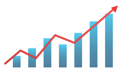 Obraz premium Financial growth chart with blue bars and red arrow for business presentation report and banner
