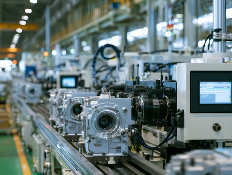 自動化された工場の生産ラインに並ぶ産業用機械と制御装置
