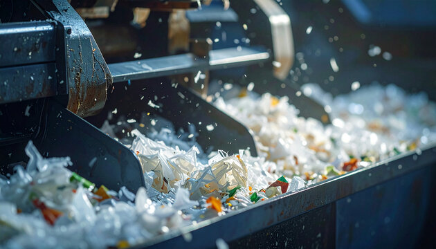 Waste Processing Line: A close-up view of a recycling or waste processing line, showing various types of waste material being sorted and processed by industrial machinery.