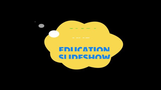 Education slideshow presentation features bold blue typography inside a rounded yellow speech bubble.