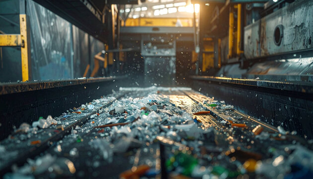 Recycling Plant Conveyor Belt: Plastic waste and debris move along a conveyor belt in a recycling facility, illuminated by the harsh light of the industrial setting.