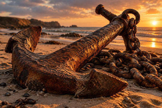 Large rusted ship anchor on a sandy beach at sunset.