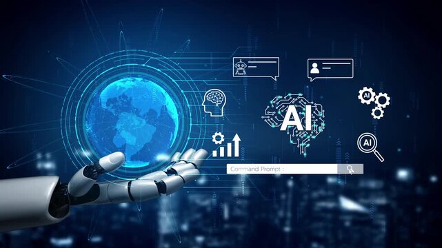 Futuristic Robotic Hand Reaching Out with AI and Technology Symbols Against a Dark Blue Background with City Lights. Entropy.