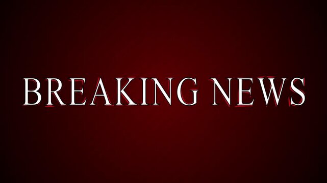 Breaking news text animation with glitch effect on dark red diagonal striped background video clip.