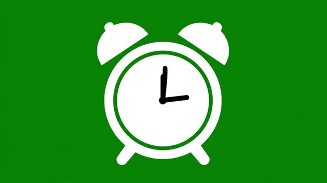 Simple animated white alarm clock showing accelerated clockwise hand movement to communicate fast moving time, deadlines, scheduling and time management.