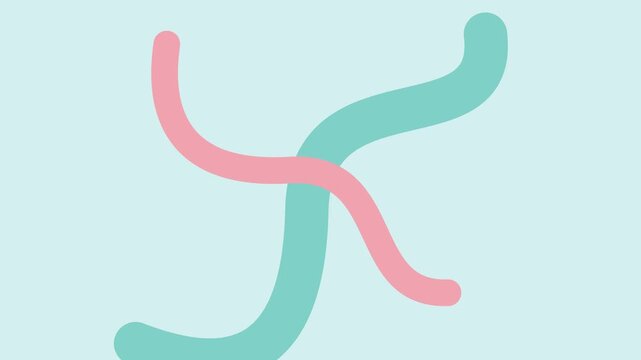 Two flowing wavy lines in coral pink and mint green moving across a pale aqua background, abstract line animation