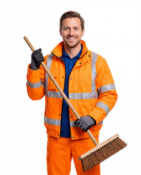 Professional street cleaner with a broom, representing municipal sanitation, public cleanliness, maintenance and essential urban services.