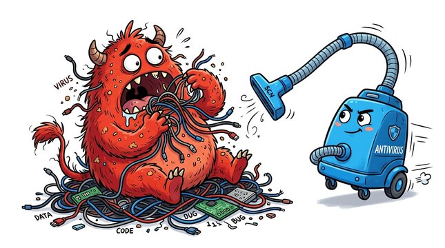 Antivirus vacuum cleaner cleaning computer virus monster