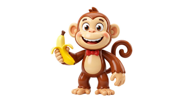 Cute cartoon monkey character holding yellow banana. Smiling brown chimpanzee toy with red bow tie