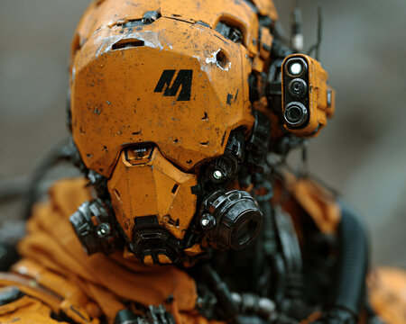 Close-up Portrait of a Weathered Heavy-Duty Mining Robot in a Harsh Industrial Environment