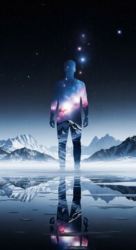 宇宙を宿す人、星空、山、水面、反射、幻想的、神秘的、未来