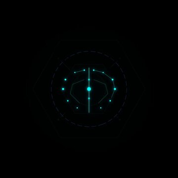 Futuristic neomorphic brain node with cyan lines and dots pulsing in a rhythmic tech sequence