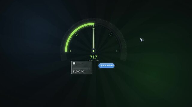 Digital interface showing a credit score meter increasing from 717 to 785 after a successful payment authorization, illustrating financial health and an excellent credit rating