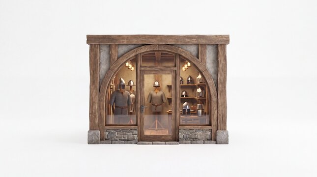 Armor shop storefront designed with medieval wooden architecture featuring arched glass windows displaying handmade weaponry and protective gear for fantasy roleplaying adventures in a classic.