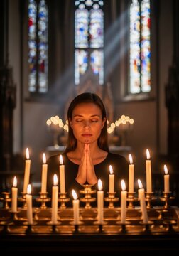 祈りを捧げる女性、ろうそくの灯り、ステンドグラスの窓