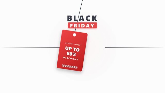Professional 4K motion graphics animation featuring a single red hanging price tag for Black Friday with realistic pendulum swinging physics, clean typography, decorative lines, and subtle paper textu