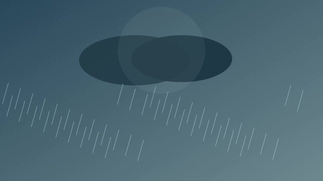 Dark storm cloud with falling rain streaks and a pale translucent circle on a slate blue background, flat weather animation