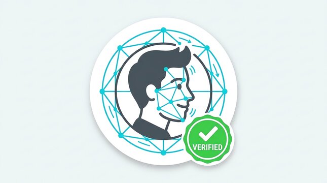 Male face facial recognition icon with verified seal