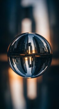 都市のビル群を映すガラス球、反射、未来都市、夜景、抽象
