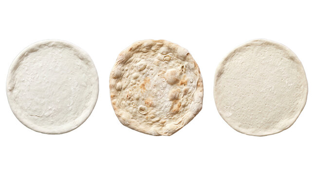 Pizza dough bases and baked flatbread crusts are displayed in a row on a transparent background.