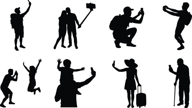 Selfie and tourist black vector silhouettes set featuring travelers taking pictures with smartphones