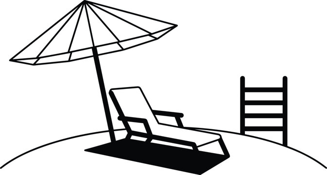 Summer Beach Resort Relaxation Graphics Featuring Angled Sun Umbrella Lounge Chair Mat and Swimming Pool Ladder Line Art [Image Context]Summer Beach Resort Relaxation Graphics Featuring Angled Sun Umb