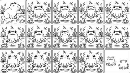 Fototapeta premium Find the Odd One Out Activity Page Vector Line Art Featuring Cute Capybara and Frogs on Lily Pads Puzzle