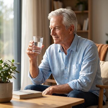 Super Realistic Senior Man Holding a Glass of Water at Home, Representing Healthy Aging, Hydration and Wellness
