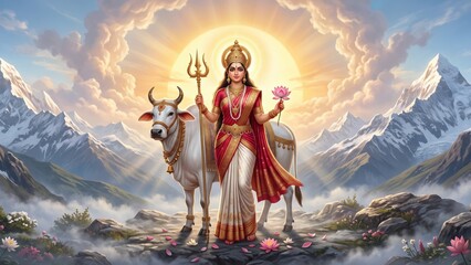 Fototapeta premium Navratri Maa Shailputri in a Majestic Himalayan Landscape