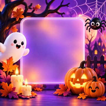 Glowing neon frame surrounded by smiling ghost and jack o lantern pumpkins at night for halloween