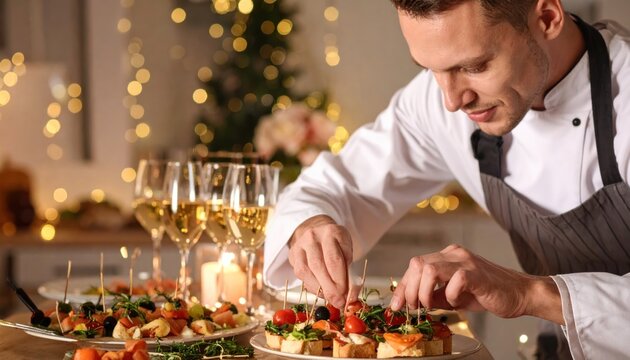 Professional Chef Garnishing Gourmet Appetizers at Festive Dinner Party