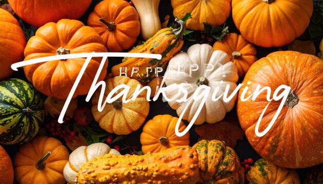 Thanksgiving Holiday Greeting Background with Various Pumpkins and Gourds