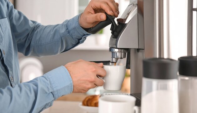 Close-up of a person preparing fresh espresso with a modern coffee machine in a home kitchen