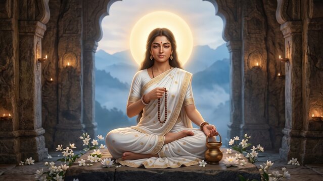 Meditating Maa Brahmacharini in a Mystical Temple Environment