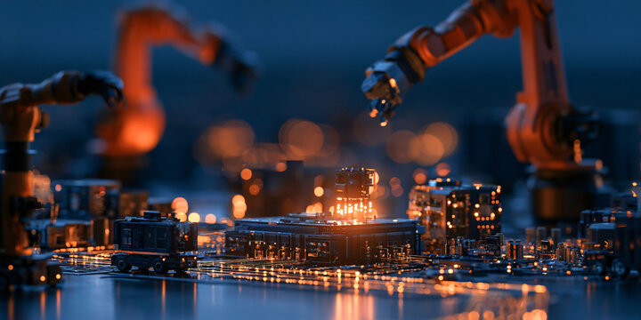 Industrial Robotic Arms Assembling High-Tech Microchips in a Digital Factory