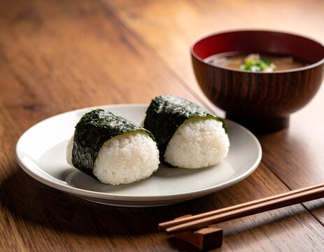 おにぎり二つと味噌汁